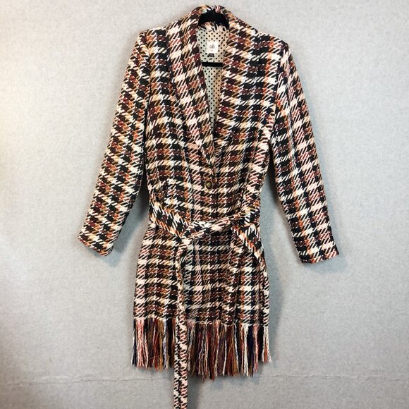 Cabi Tweed Tie Waist Single Button Fringe Coat Jacket Size Medium - Picture 2 of 11